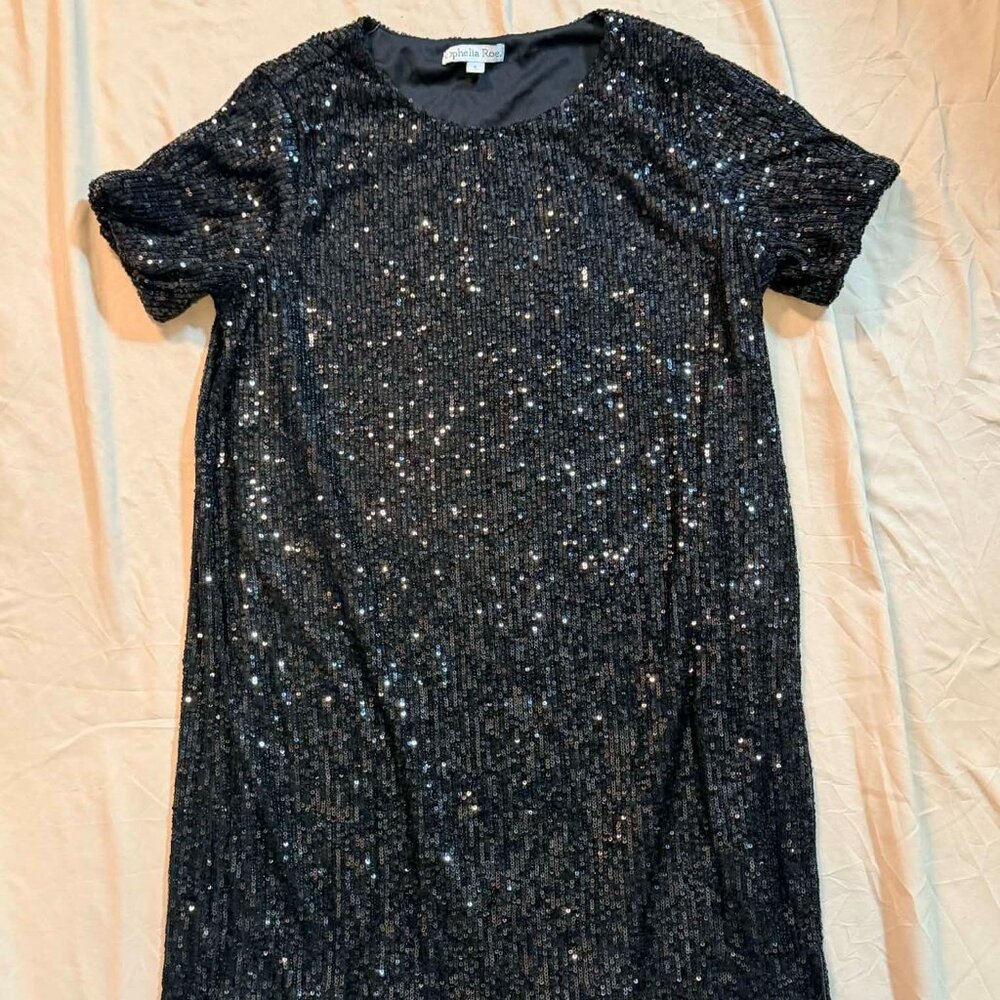 Ophelia Roe flashy sequined elegant black short sleeve midi dress SIZE SMALL